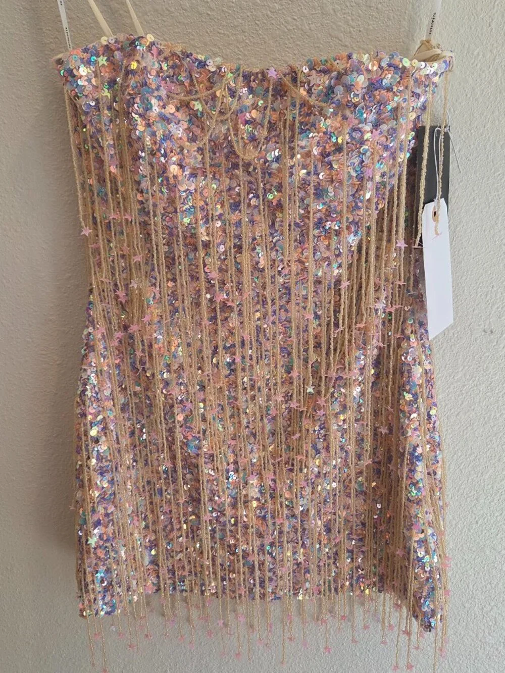 Retrofete Heather Sequin Star Fringe Mini Dress Strapless Party Womens Size S - Picture 2 of 3